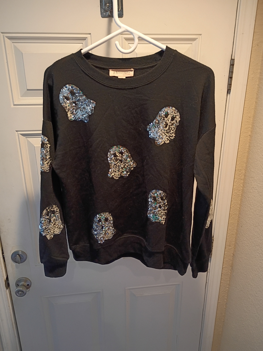 Philosophy Black Crewneck Sweater with Silver Sequin Skull Motifs